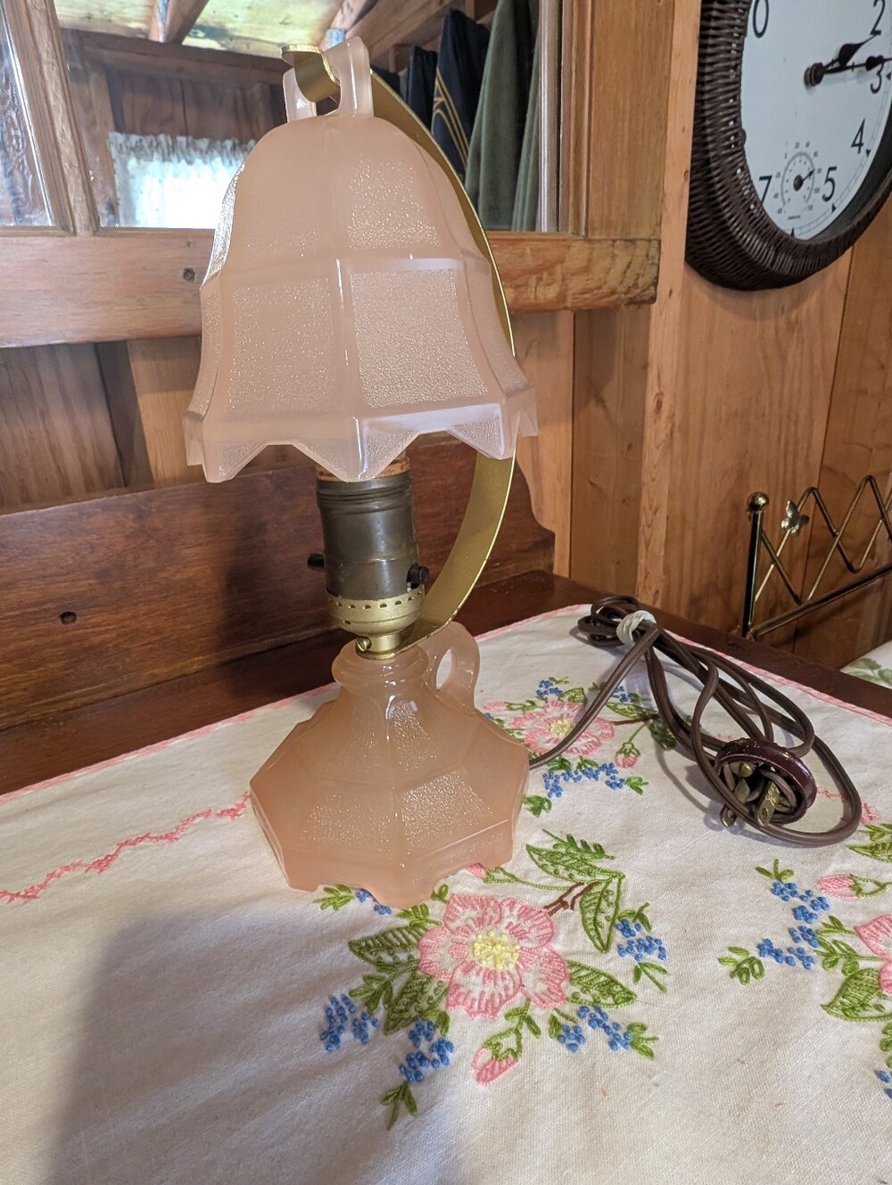 Art Deco Lamp, Pink Depression Glass Scalloped Shade, Bedside table Light